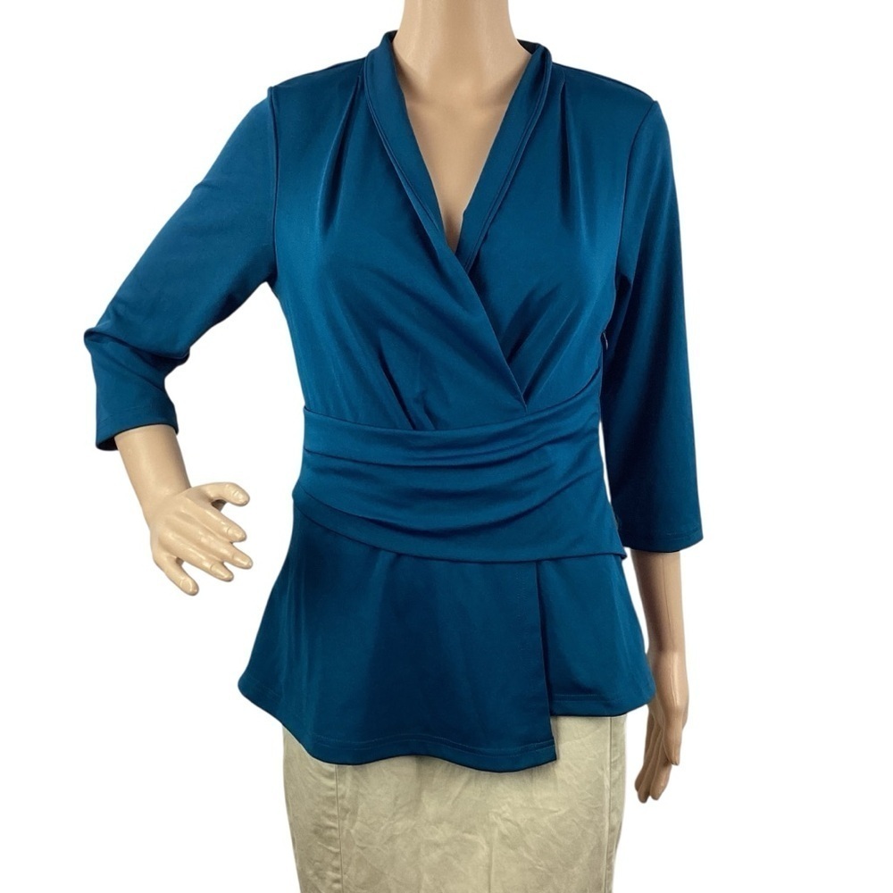 Grace Karin Blue Faux Wrap Peplum Top 3/4 Sleeve Size S